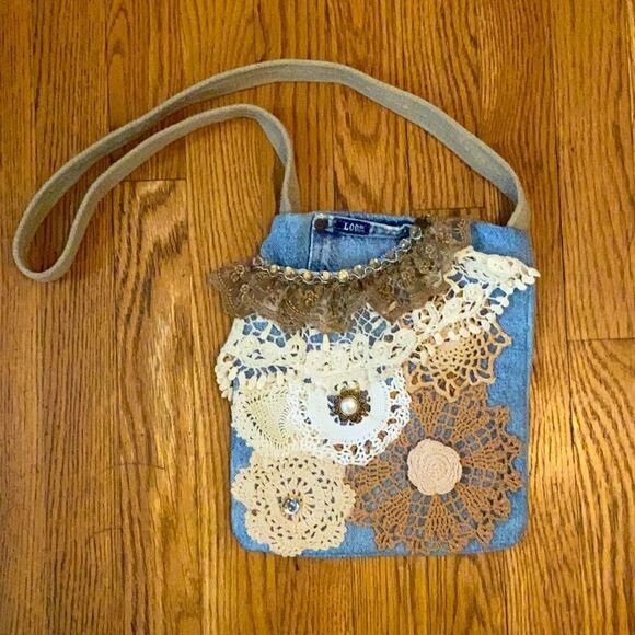 Upcycled Handmade Denim Purse with Crochet and Stone Embellishments - Picture 1 of 10